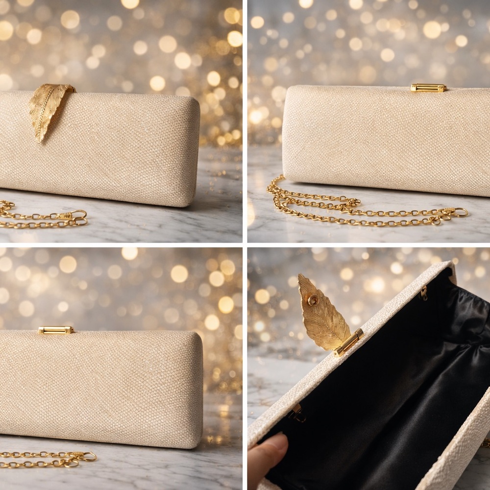 Elegant Cream Clutch with Gold Chain - Picture 4 of 4